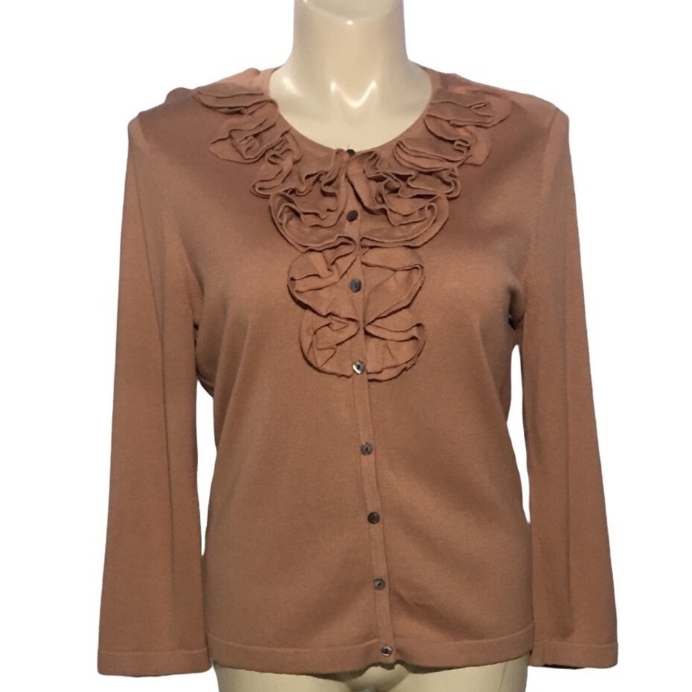 Jones Wear Cardigan XL Apricot Peach Gray Button Ruffle‎ Front Long Sl Sweater